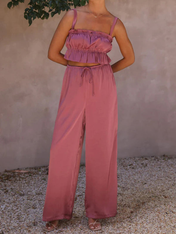 Women's Solid Color Ruffle Crop Top With Matching Wide-leg Pants