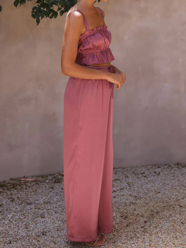 Women's Solid Color Ruffle Crop Top With Matching Wide-leg Pants