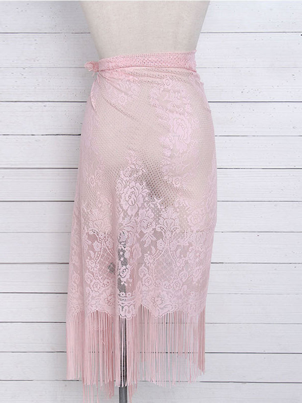 Women's hollow beach lace fringed blouse skirt