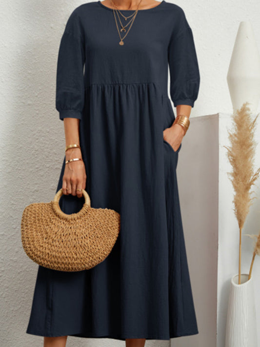 Solid color fashion lantern sleeve loose cotton linen pocket dress