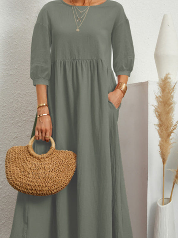 Solid color fashion lantern sleeve loose cotton linen pocket dress