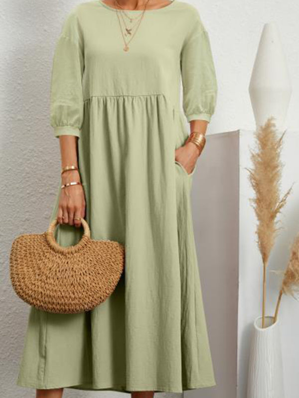Solid color fashion lantern sleeve loose cotton linen pocket dress