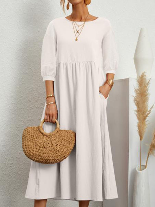 Solid color fashion lantern sleeve loose cotton linen pocket dress