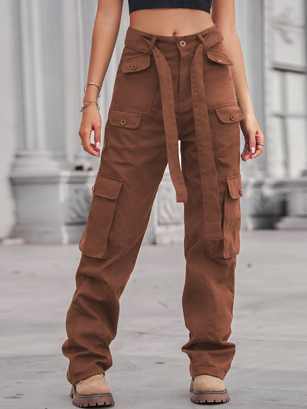 Women's Color Belted High Waist Utility Cargo Pants