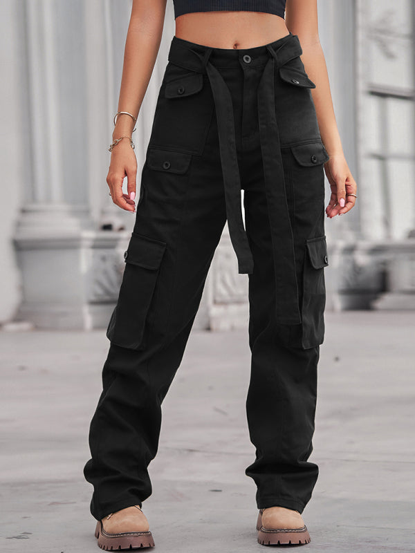 Women's Color Belted High Waist Utility Cargo Pants