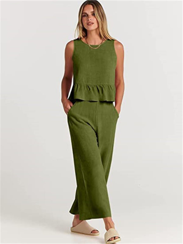Sleeveless pleated vest wide-leg cropped pants casual suit