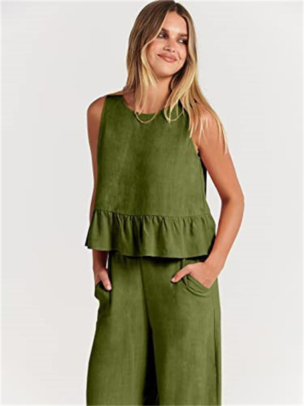 Sleeveless pleated vest wide-leg cropped pants casual suit