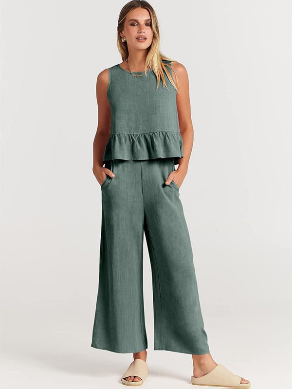 Sleeveless pleated vest wide-leg cropped pants casual suit