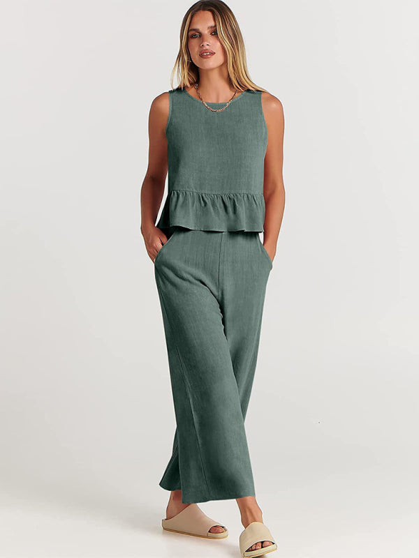 Sleeveless pleated vest wide-leg cropped pants casual suit
