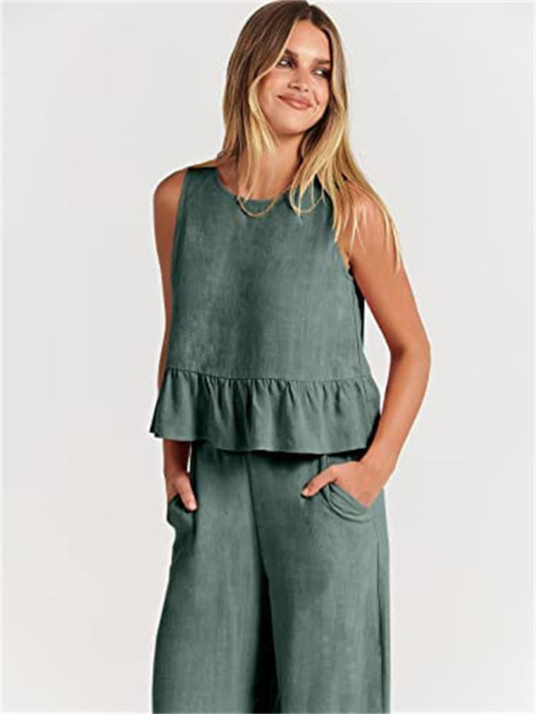 Sleeveless pleated vest wide-leg cropped pants casual suit