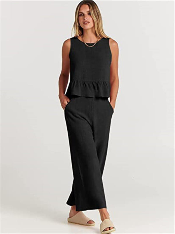Sleeveless pleated vest wide-leg cropped pants casual suit