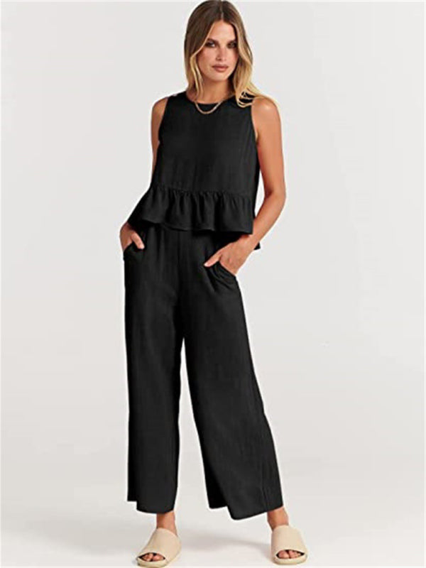 Sleeveless pleated vest wide-leg cropped pants casual suit