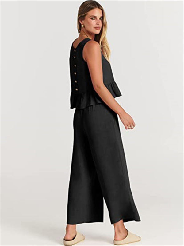 Sleeveless pleated vest wide-leg cropped pants casual suit
