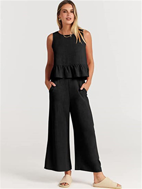 Sleeveless pleated vest wide-leg cropped pants casual suit