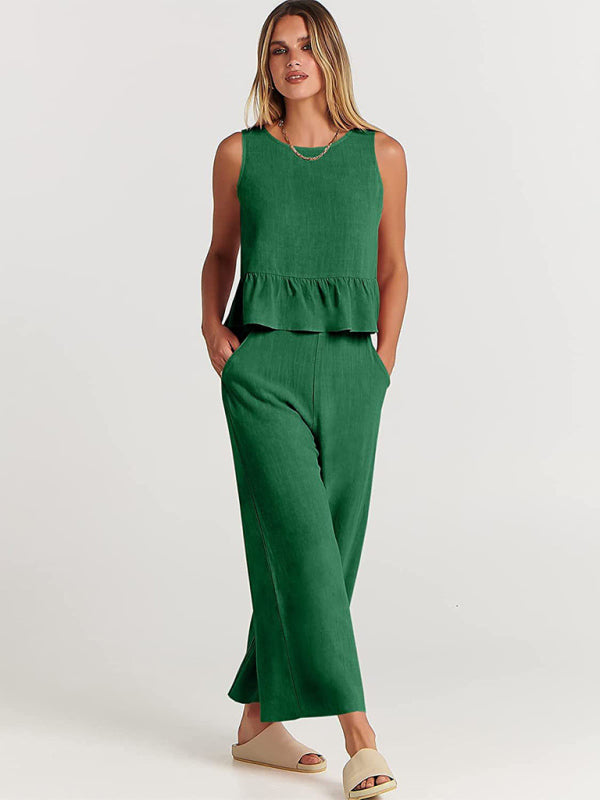 Sleeveless pleated vest wide-leg cropped pants casual suit