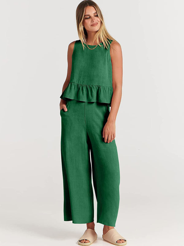 Sleeveless pleated vest wide-leg cropped pants casual suit