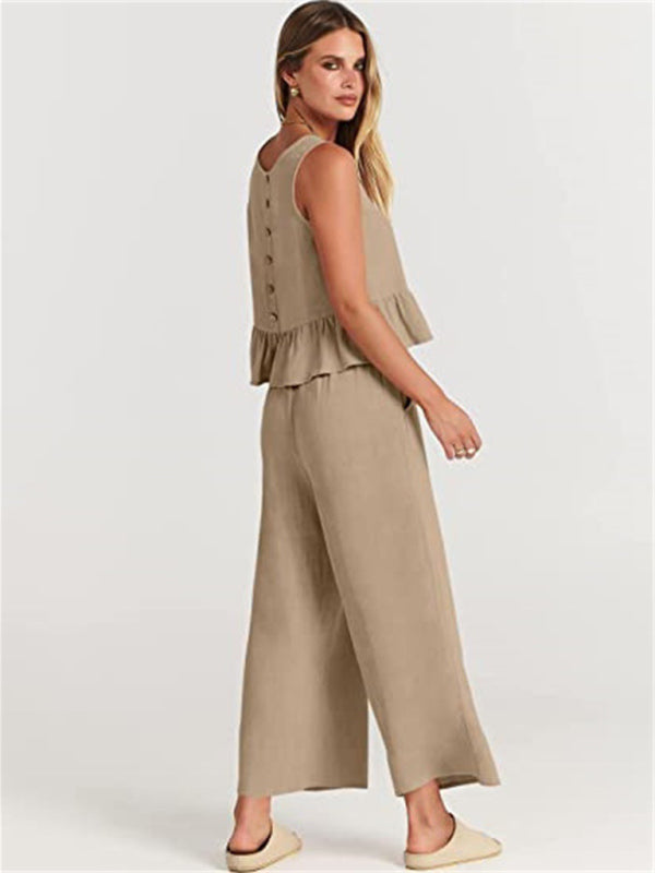 Sleeveless pleated vest wide-leg cropped pants casual suit