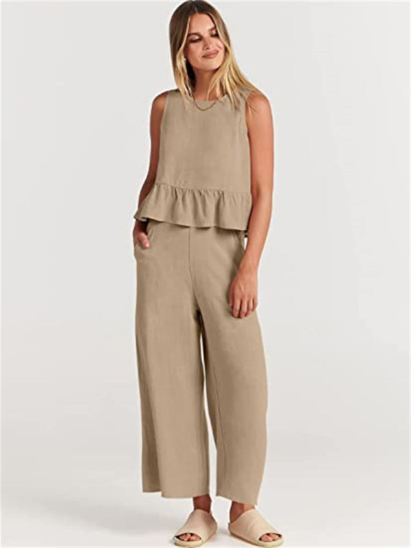 Sleeveless pleated vest wide-leg cropped pants casual suit