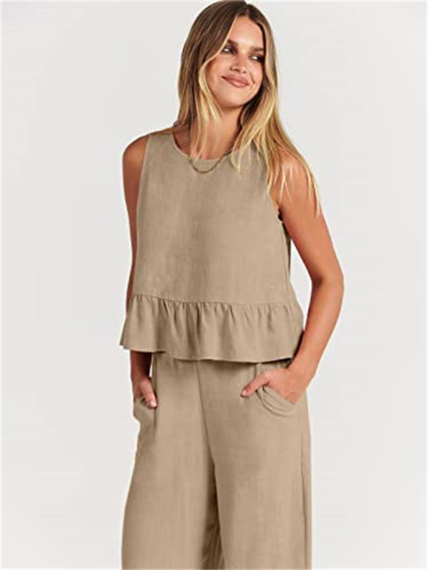 Sleeveless pleated vest wide-leg cropped pants casual suit