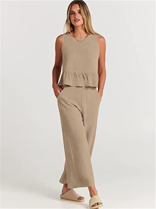 Sleeveless pleated vest wide-leg cropped pants casual suit