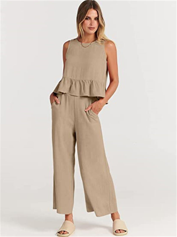 Sleeveless pleated vest wide-leg cropped pants casual suit