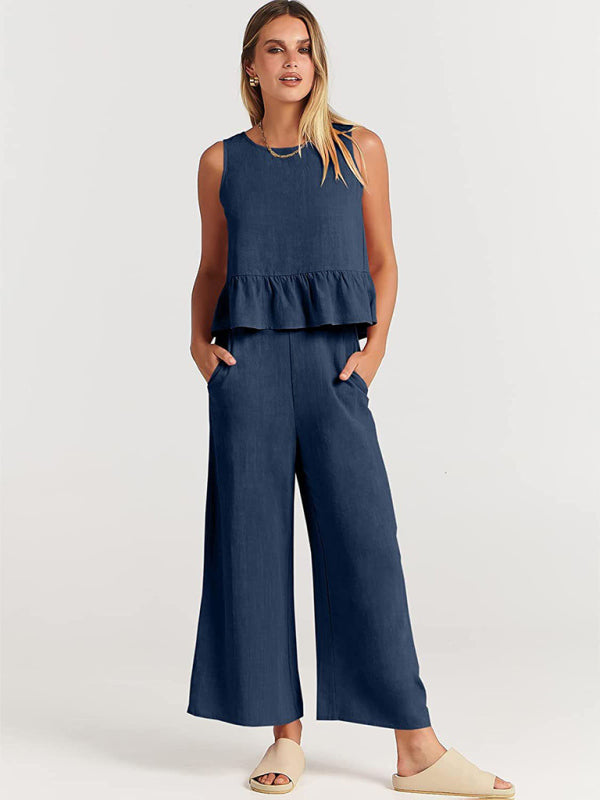 Sleeveless pleated vest wide-leg cropped pants casual suit
