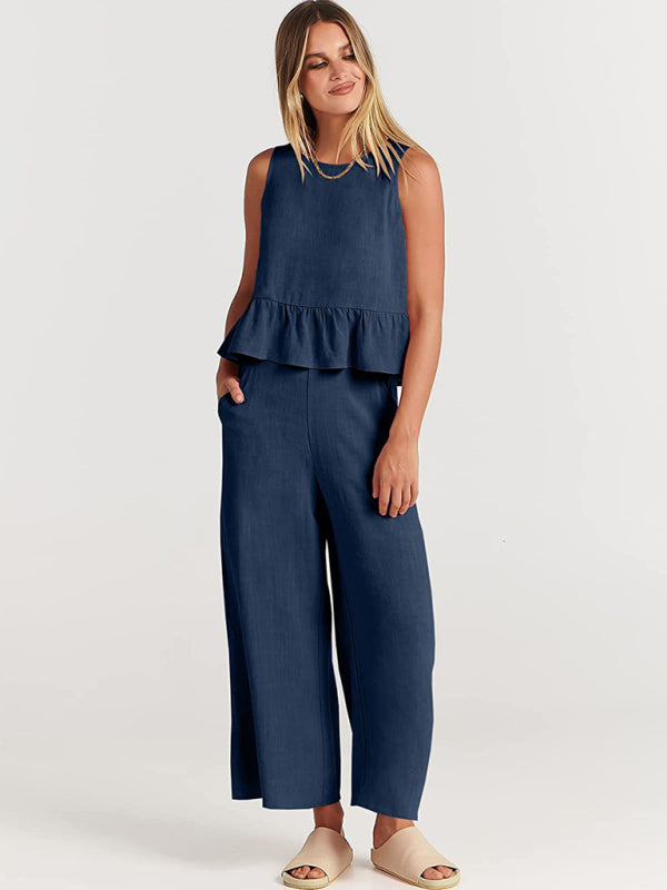 Sleeveless pleated vest wide-leg cropped pants casual suit