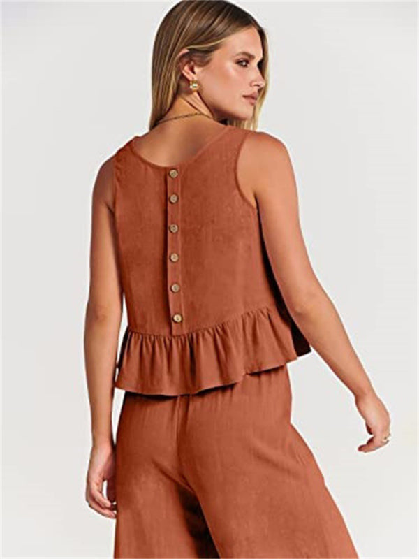 Sleeveless pleated vest wide-leg cropped pants casual suit