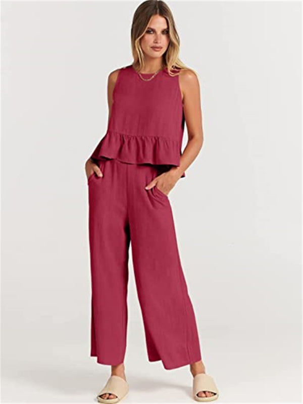 Sleeveless pleated vest wide-leg cropped pants casual suit