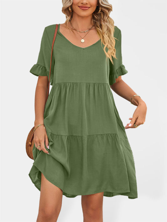Women's Solid Color V-neck Tiered Ruffle Mini Dress