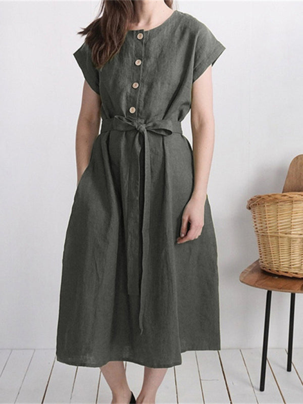 Women's Solid Color Tie Front Linen Blend Dress