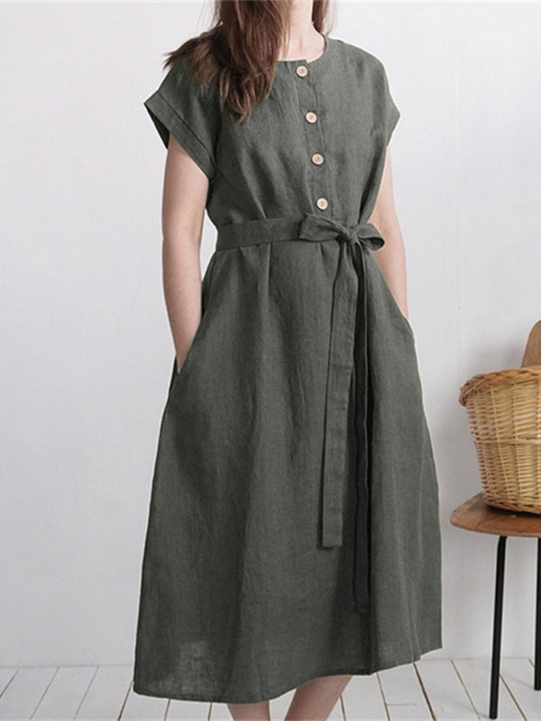 Women's Solid Color Tie Front Linen Blend Dress