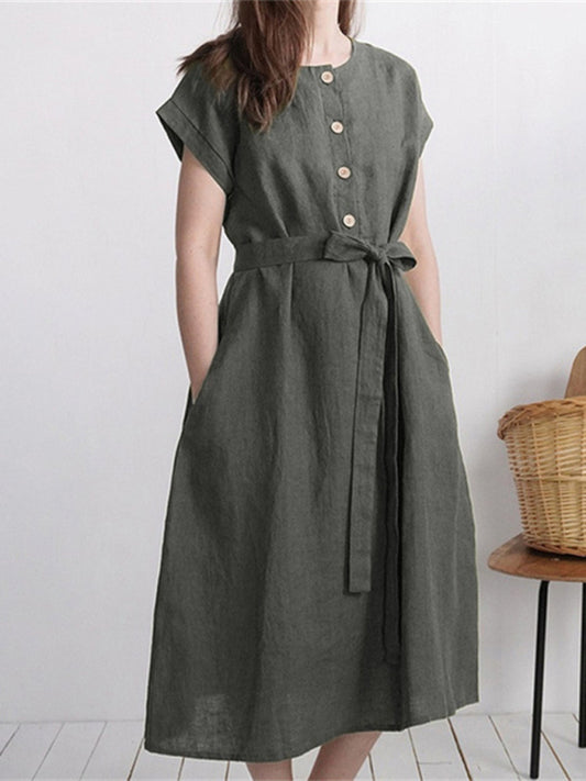 Women's Solid Color Tie Front Linen Blend Dress