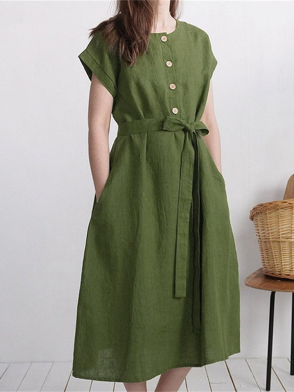 Women's Solid Color Tie Front Linen Blend Dress