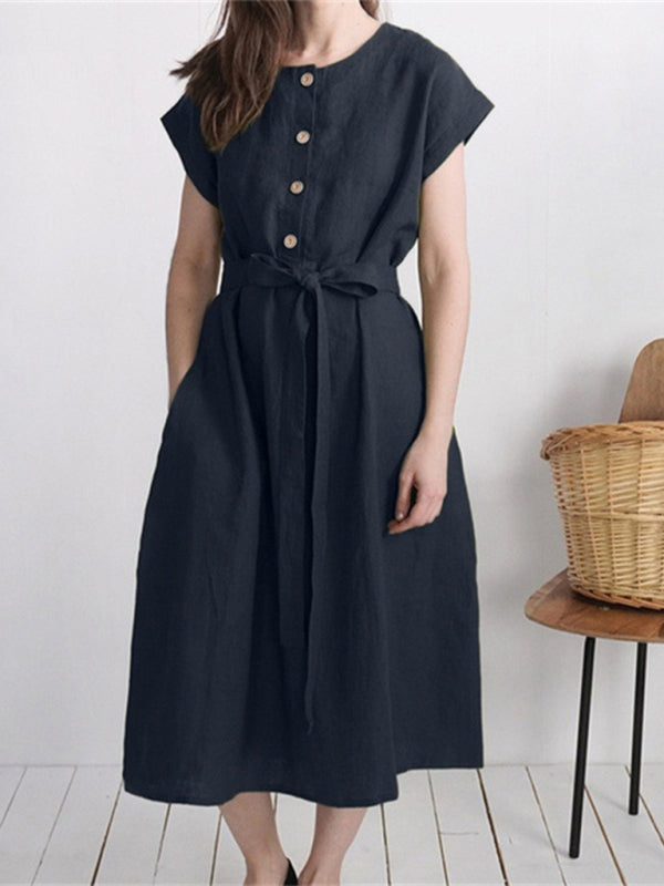 Women's Solid Color Tie Front Linen Blend Dress