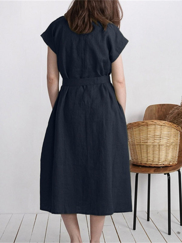 Women's Solid Color Tie Front Linen Blend Dress
