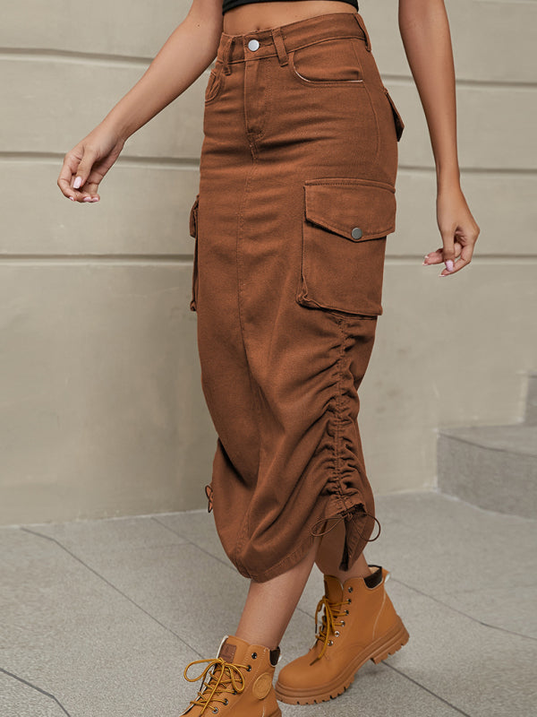 Women's Solid Color Side Drawstring Cargo Skirt