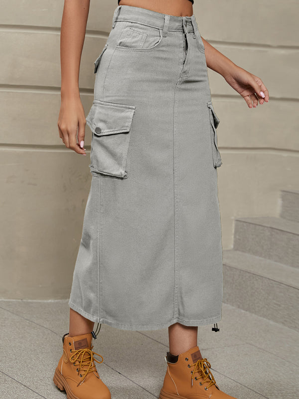 Women's Solid Color Side Drawstring Cargo Skirt