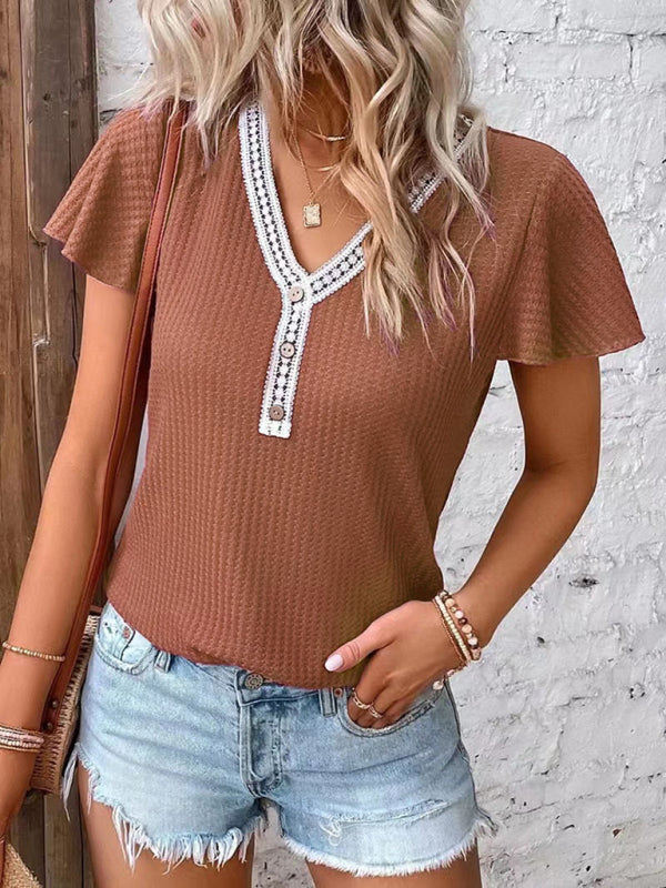 Women's Flutter Sleeve Waffle Knit Lace Trim Button Up Top