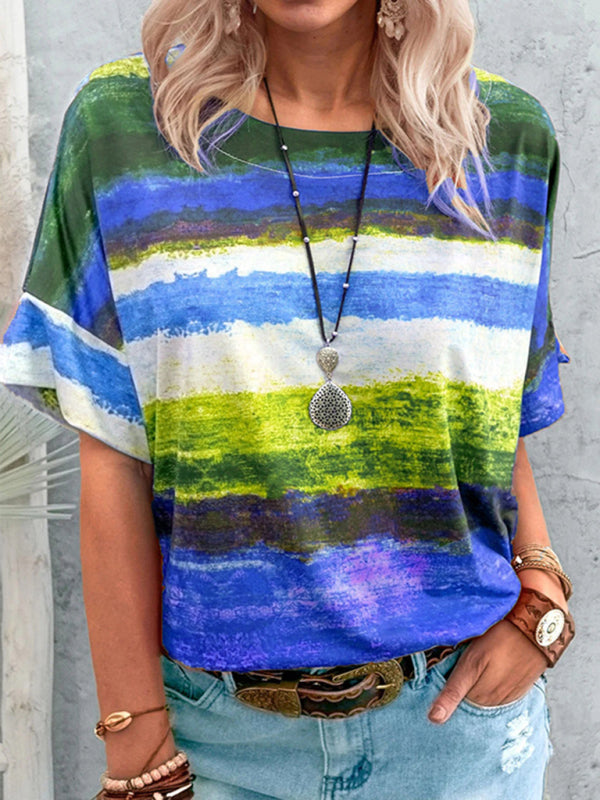 Women's Gradient Color Contrast Short Sleeve T-shirt