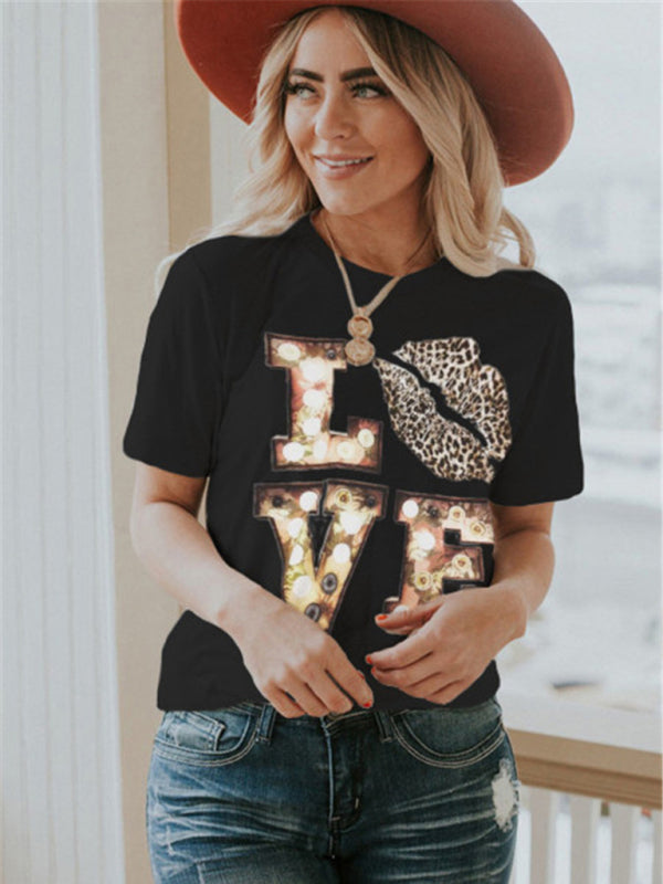 Women's Leopard Lip Print Short Sleeve Graphic T-shirt