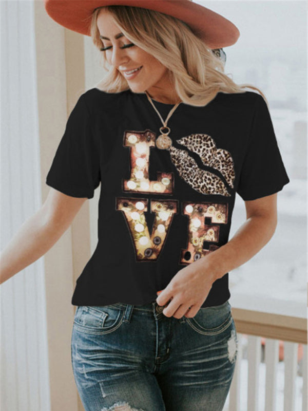 Women's Leopard Lip Print Short Sleeve Graphic T-shirt