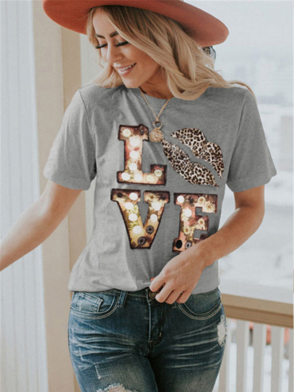 Women's Leopard Lip Print Short Sleeve Graphic T-shirt