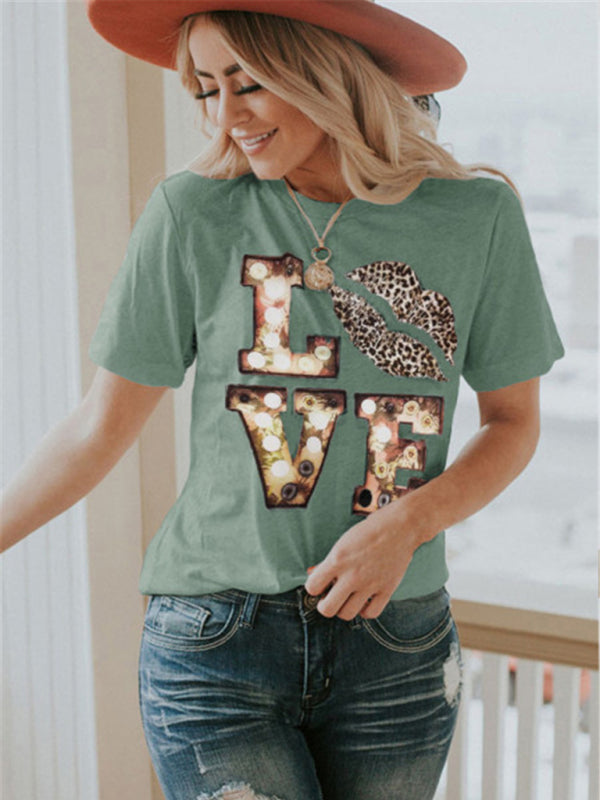 Women's Leopard Lip Print Short Sleeve Graphic T-shirt