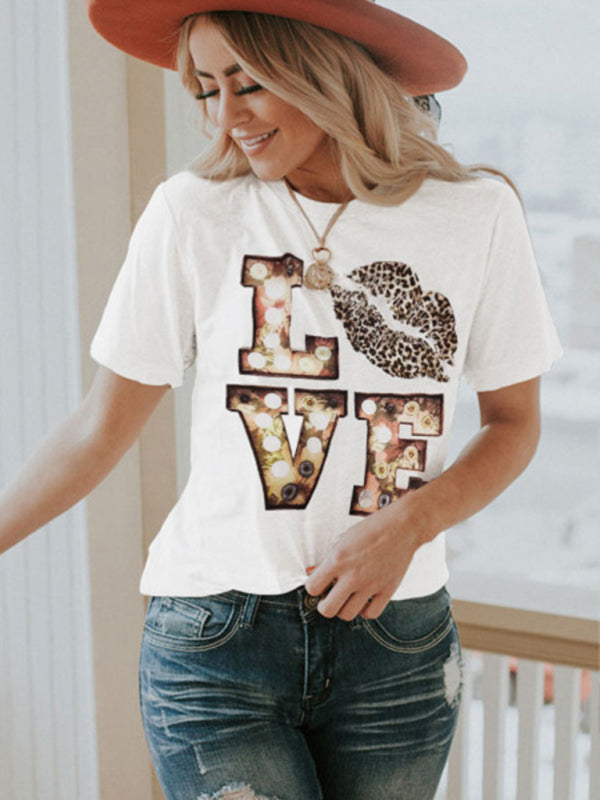 Women's Leopard Lip Print Short Sleeve Graphic T-shirt