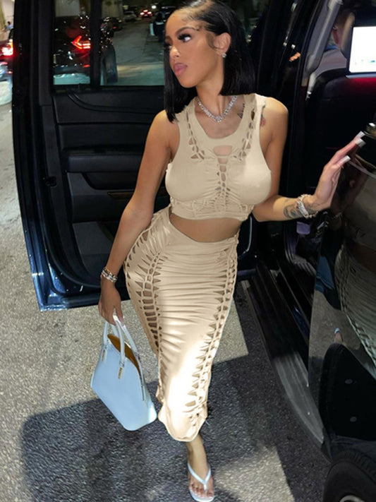 Summer Fashion Solid Color Hollow Round Neck Vest Slim Skirt Set