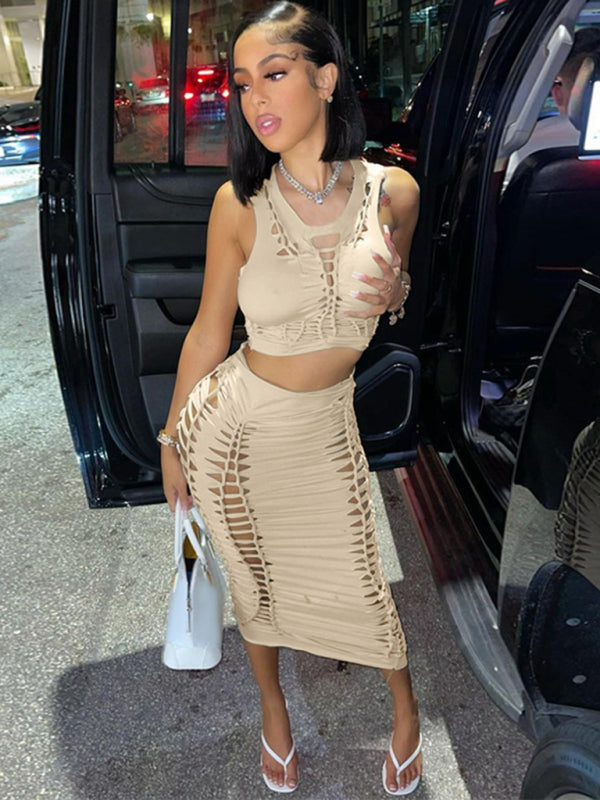 Summer Fashion Solid Color Hollow Round Neck Vest Slim Skirt Set