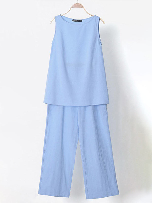 Women's Solid Color Crew-neck Sleeveless Linen And Cotton Top With Matching Wide-leg Pants