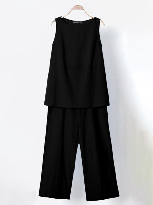 Women's Solid Color Crew-neck Sleeveless Linen And Cotton Top With Matching Wide-leg Pants