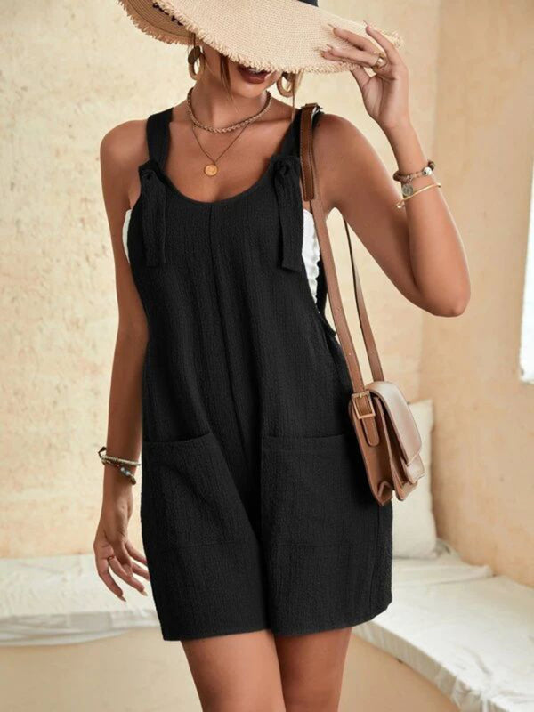Women's Solid Color Short Romper with Pockets